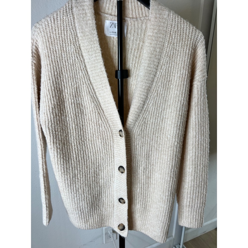 Zara Kids Wool Blend Cozy Cream Ribbed Knit Button Front Cardigan Sweater